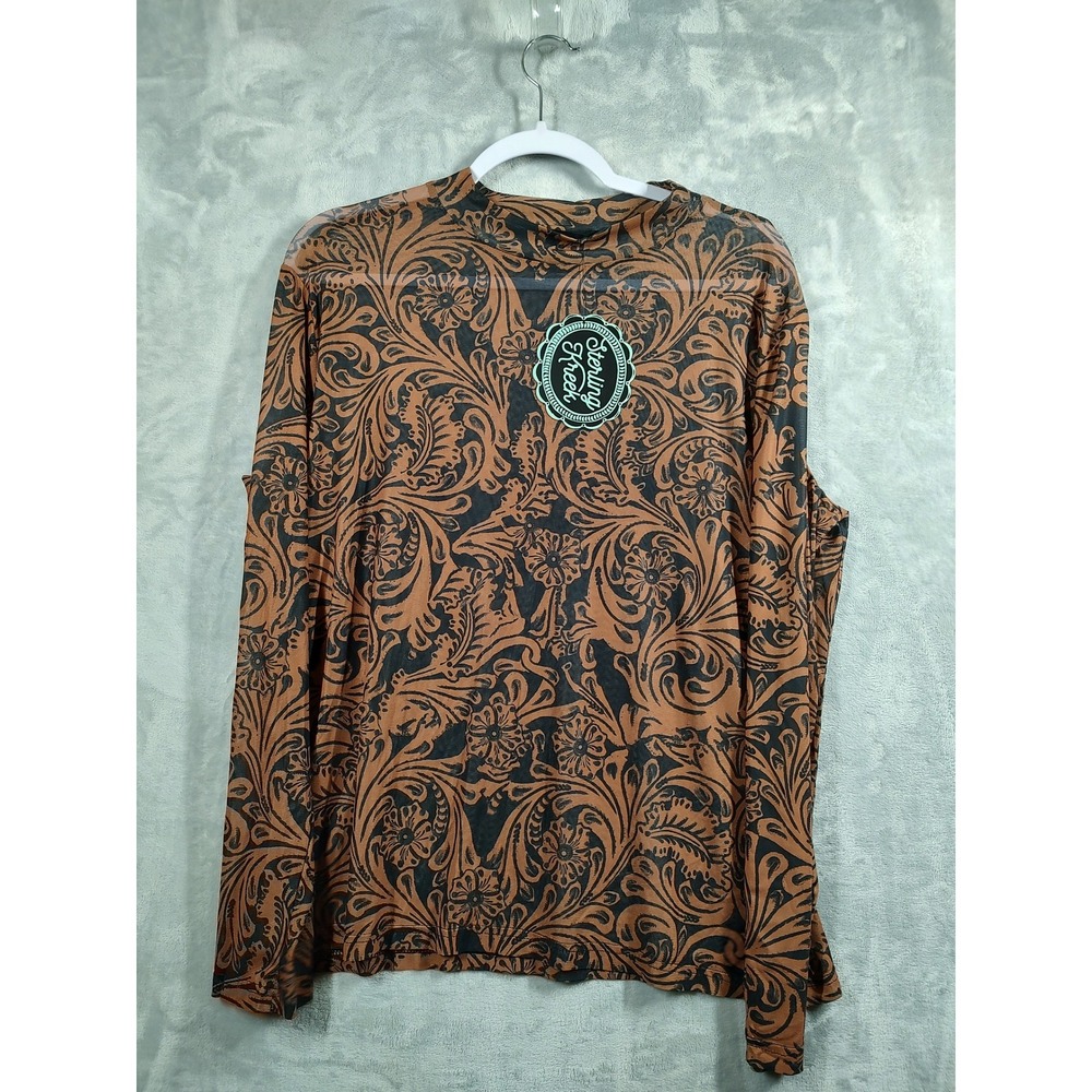 Sterling Kreek Womens 2X Mesh Top Western Floral Scroll‎ Mock Neck Long Sleeve